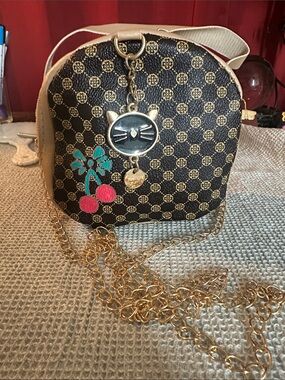 Women’s Black Patterned Crossbody Bag with Cherry Accent